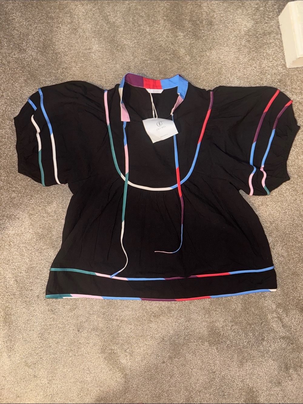 Black Peasant Blouse with Multicolor Stripe Trim